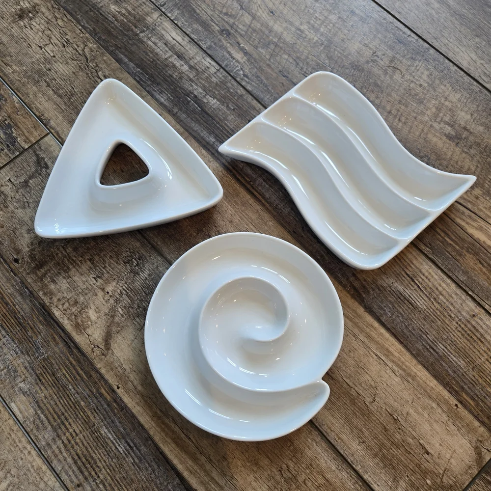 Crate & Barrel Set of 3 White Ceramic Appetizer Dishes: Swirl Wavy Triangle